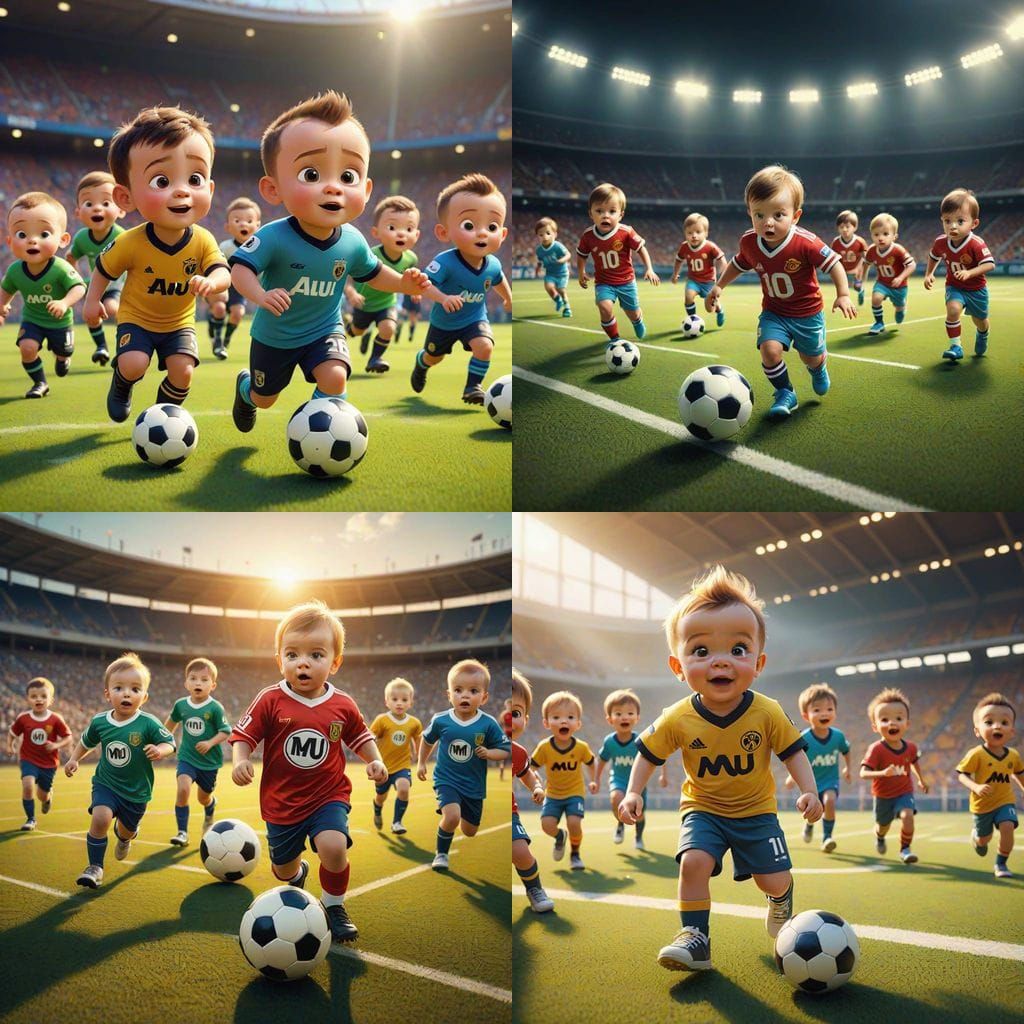 Cute Babies Play Football in Stadium