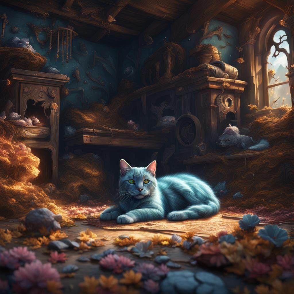 Fantastical Cat Nap in Detailed Digital Painting