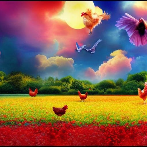Colorful Chickens in Flower Field: Digital Matte Painting