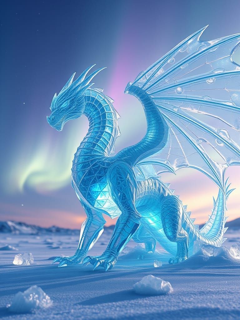 Majestic Ice Dragon in Aurora Sky