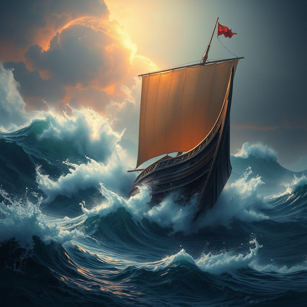 Majestic Ship Navigating Stormy Seas, Detailed Matte Paintin...