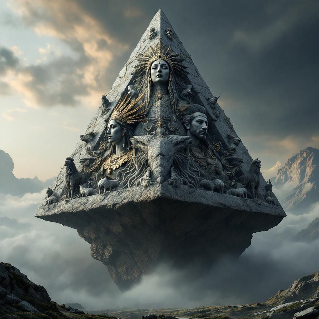 Geometric Rock Faces with Zodiac Animals in Film Still