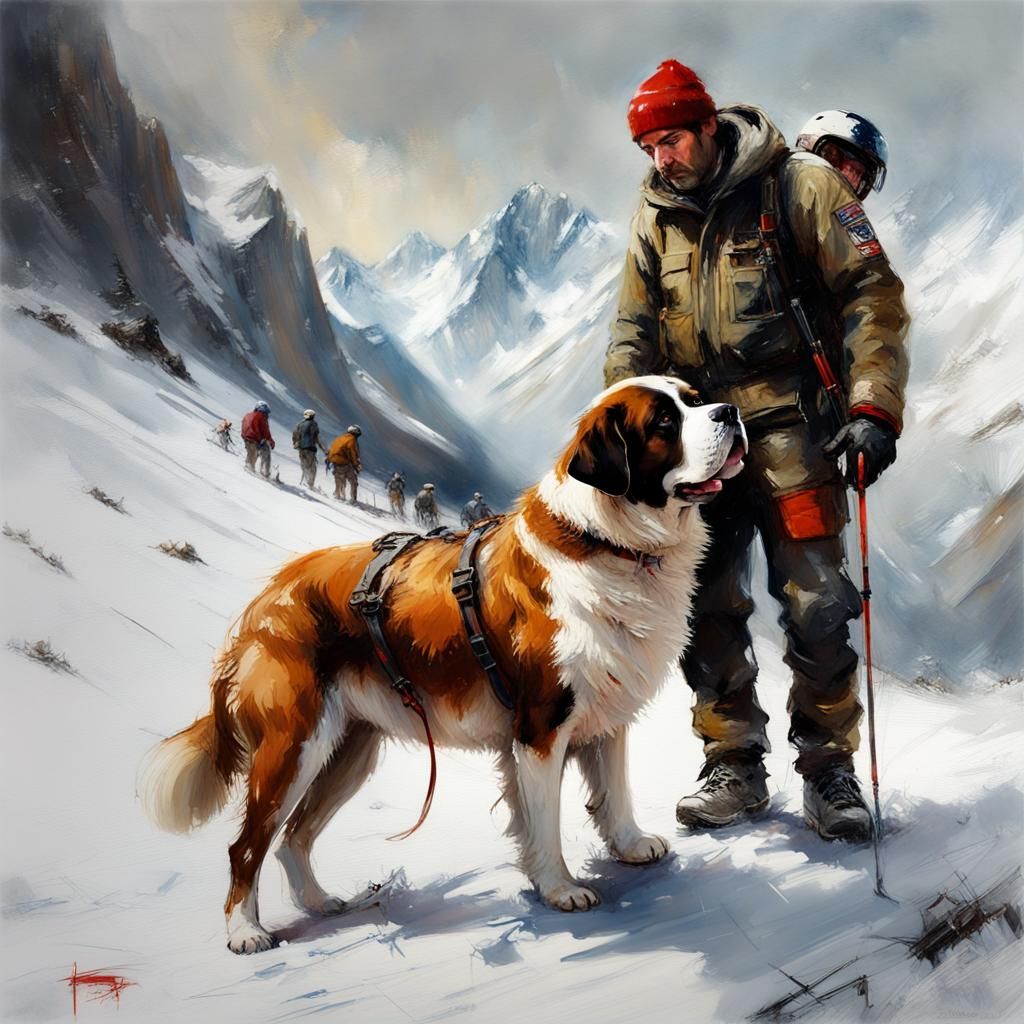 Saint Bernard Avalanche Dog Teamwork in Snowy Alps