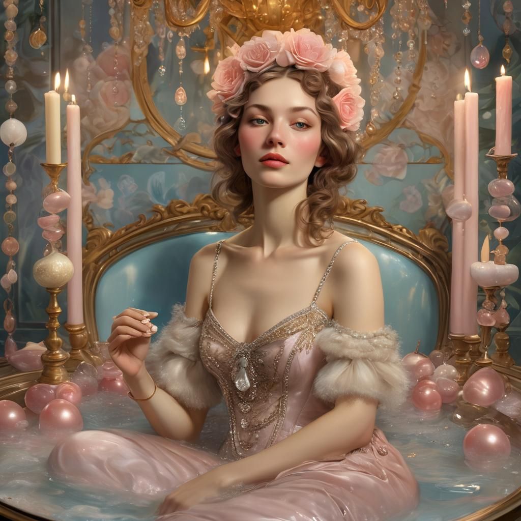 Lavish Woman in Rabbit Milk Bath: Art Nouveau Portrait