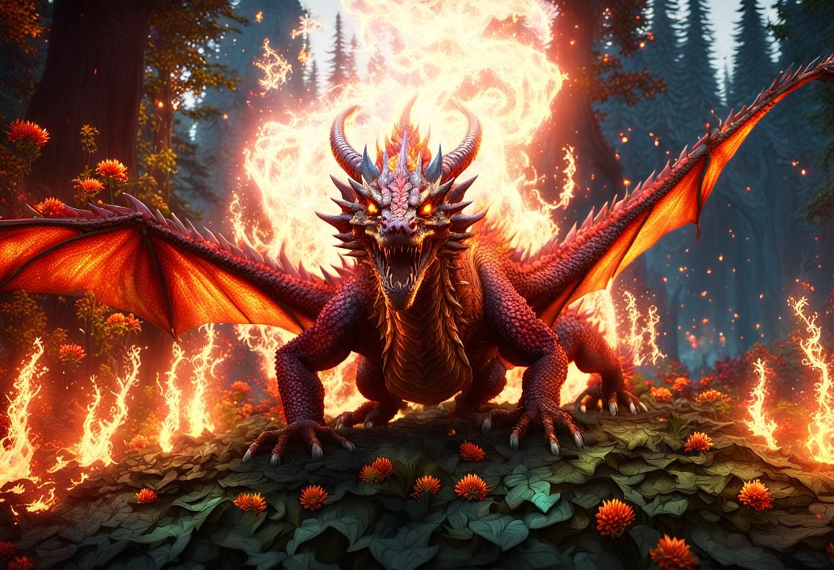 Fantasy Fire Dragon in Forest Fire, Concept Art