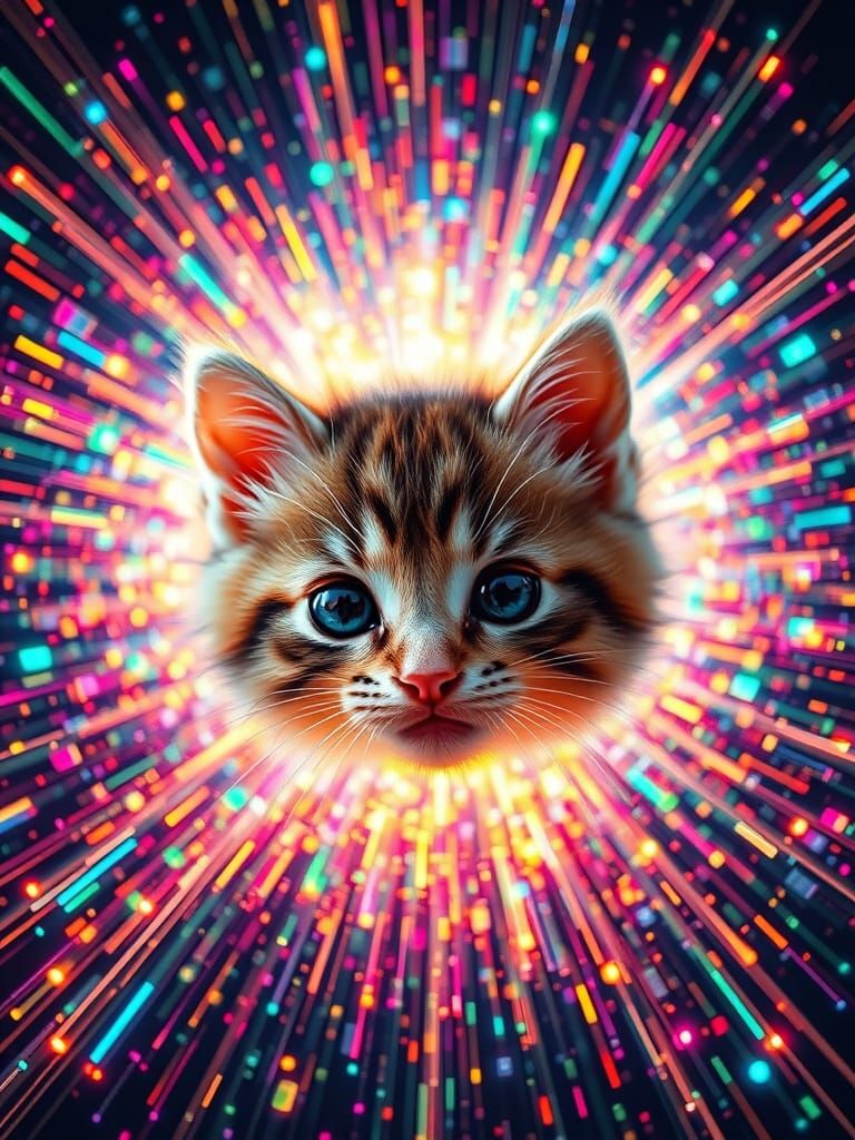 Cute Kitten Face in Neon Matrix Explosion