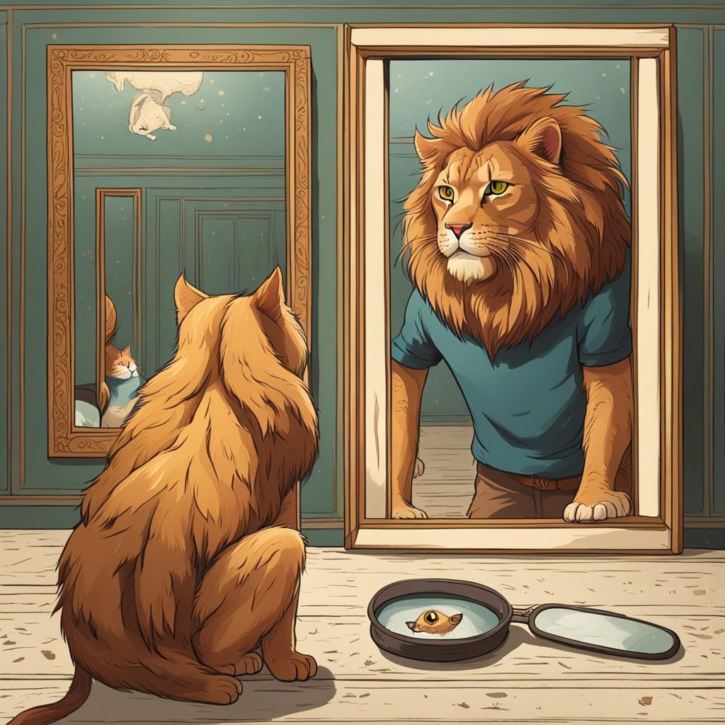 Cat Sees Lion Reflection: A Study in Self-Perception