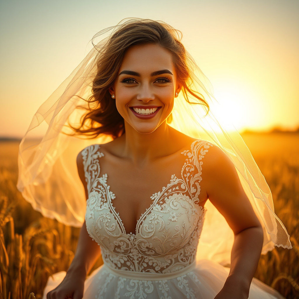 Joyful Bride Runs Through Golden Wheat Field