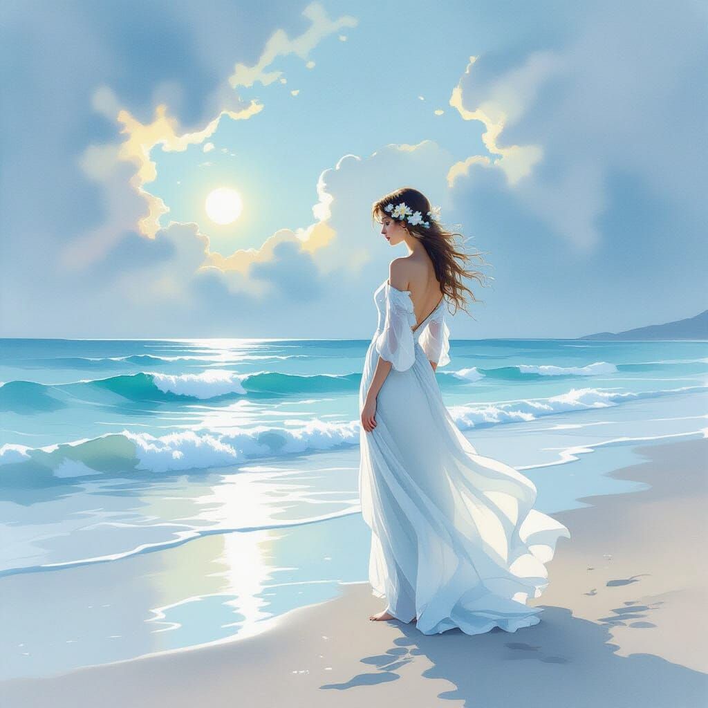 Ethereal Woman on Shore in Watercolor Style