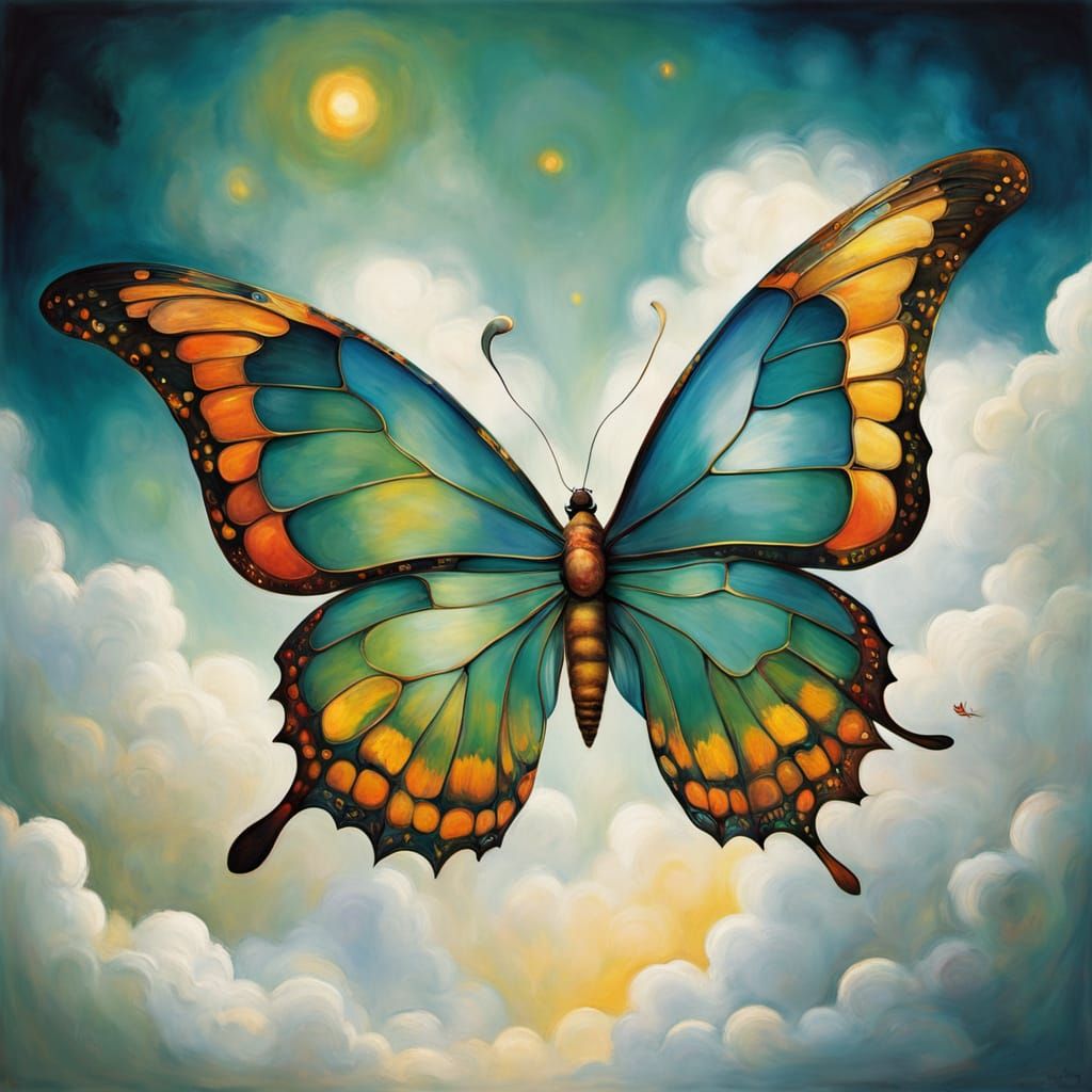 Stained Glass Butterfly Family Soars in a Dreamlike Sky