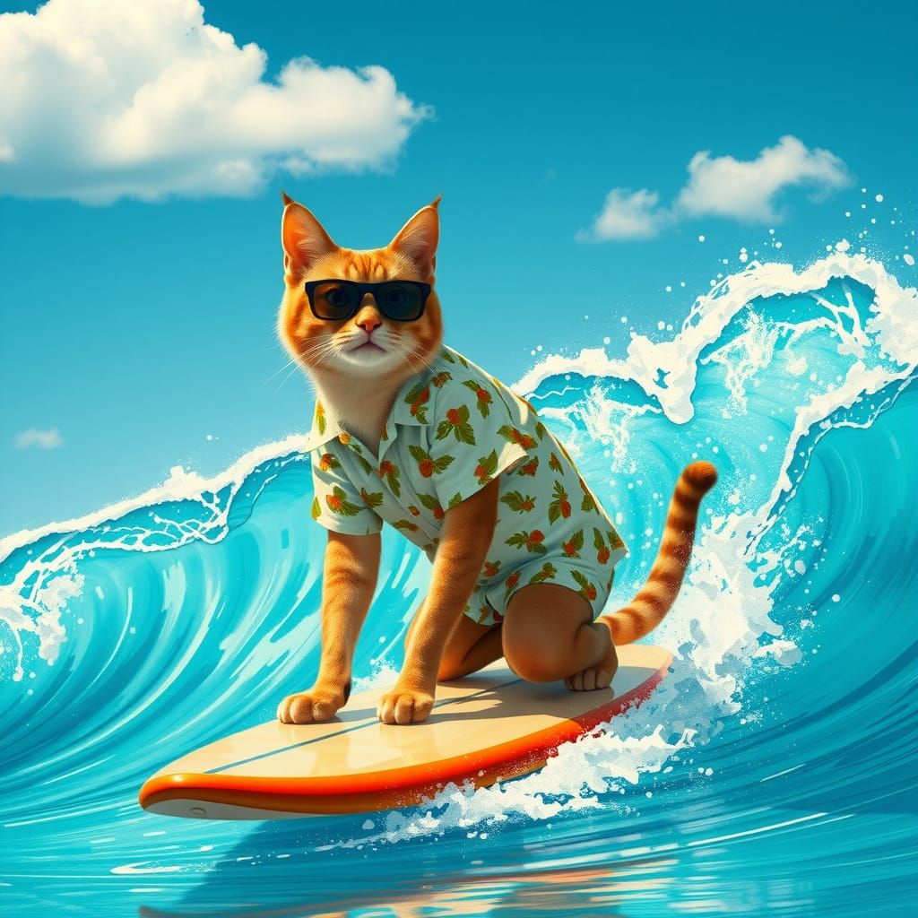Cool Cat Surfing a Wave in Syd Mead Style