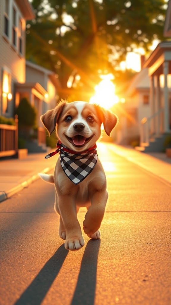 A cheerful puppy walking down a quiet neighborhood street at sunrise, wearing a checkered bandana tied loosely around it...