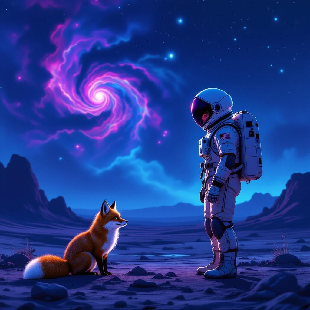 Astronaut Explores Alien Planet Under Nebula Sky