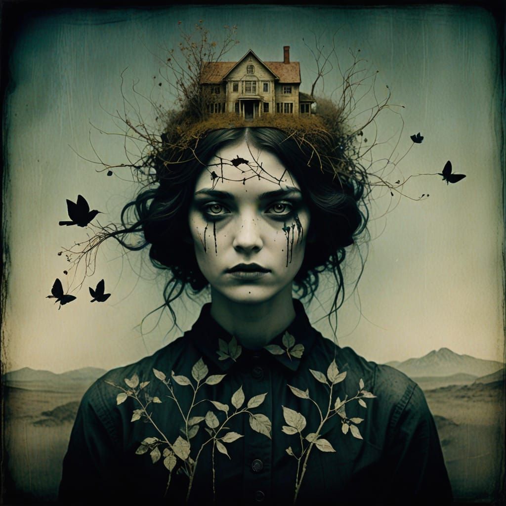 A House Survives in a Desolate Landscape, Its Shadow Like an...