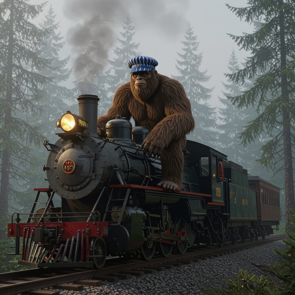 Photorealistic Sasquatch on Vintage Steam Train