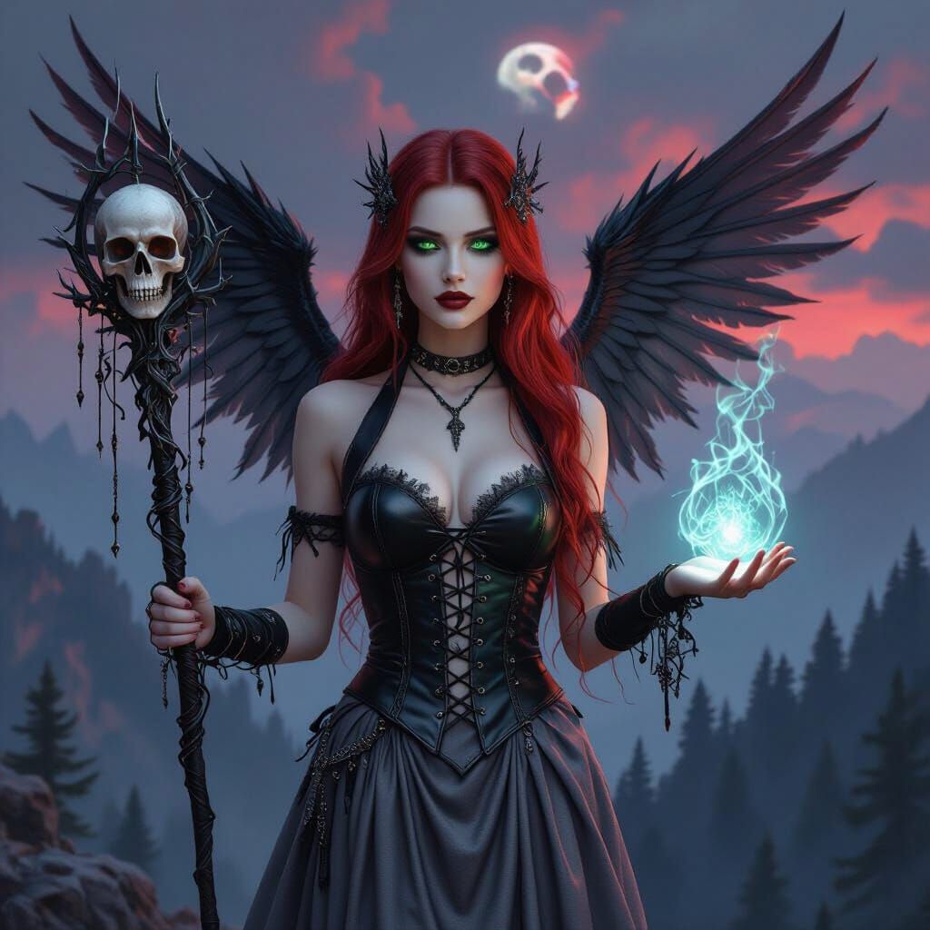 Gothic Princess on Mountain Cliff in Red Glow