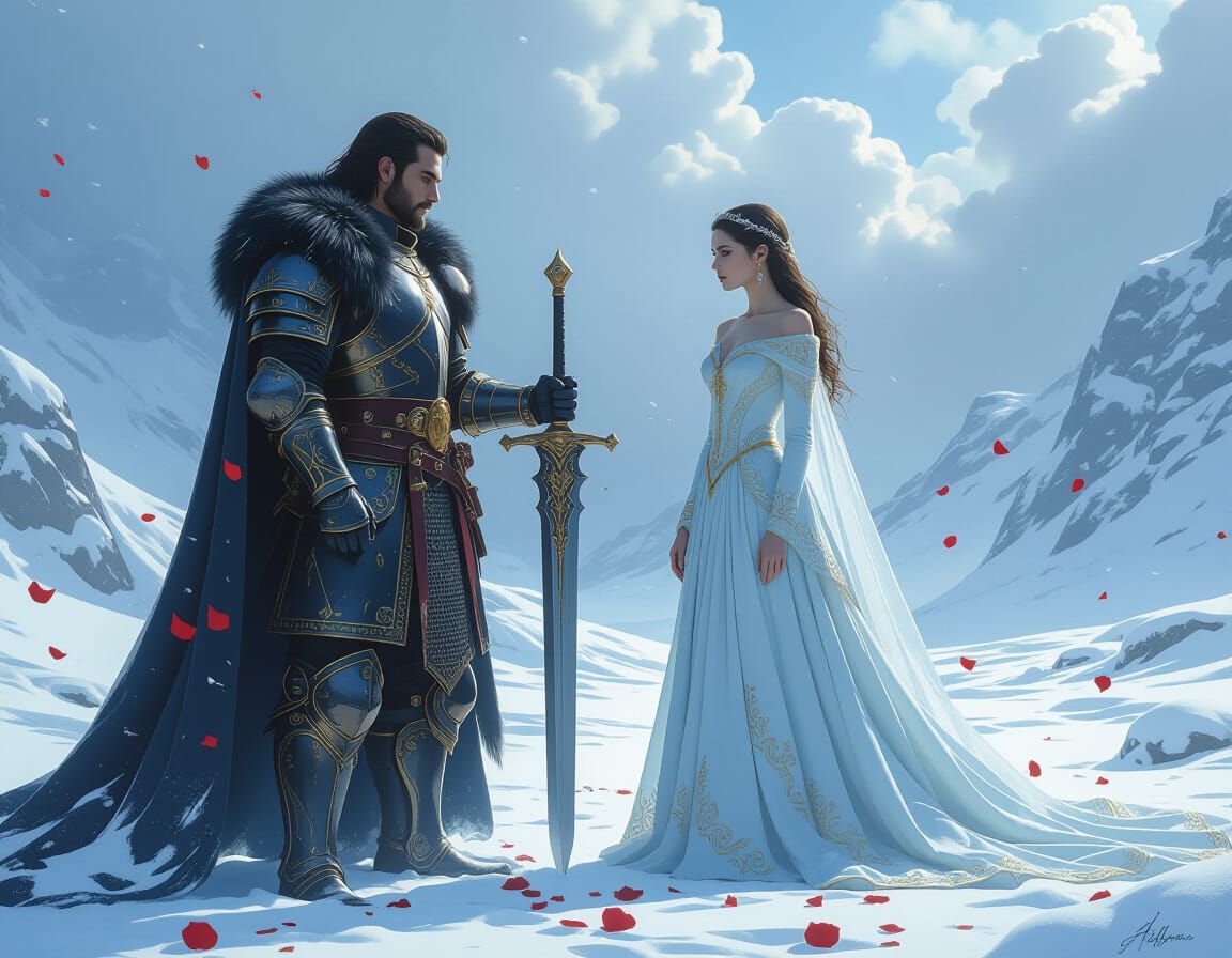 Celestial Maiden and Dark Warrior in Painterly Style