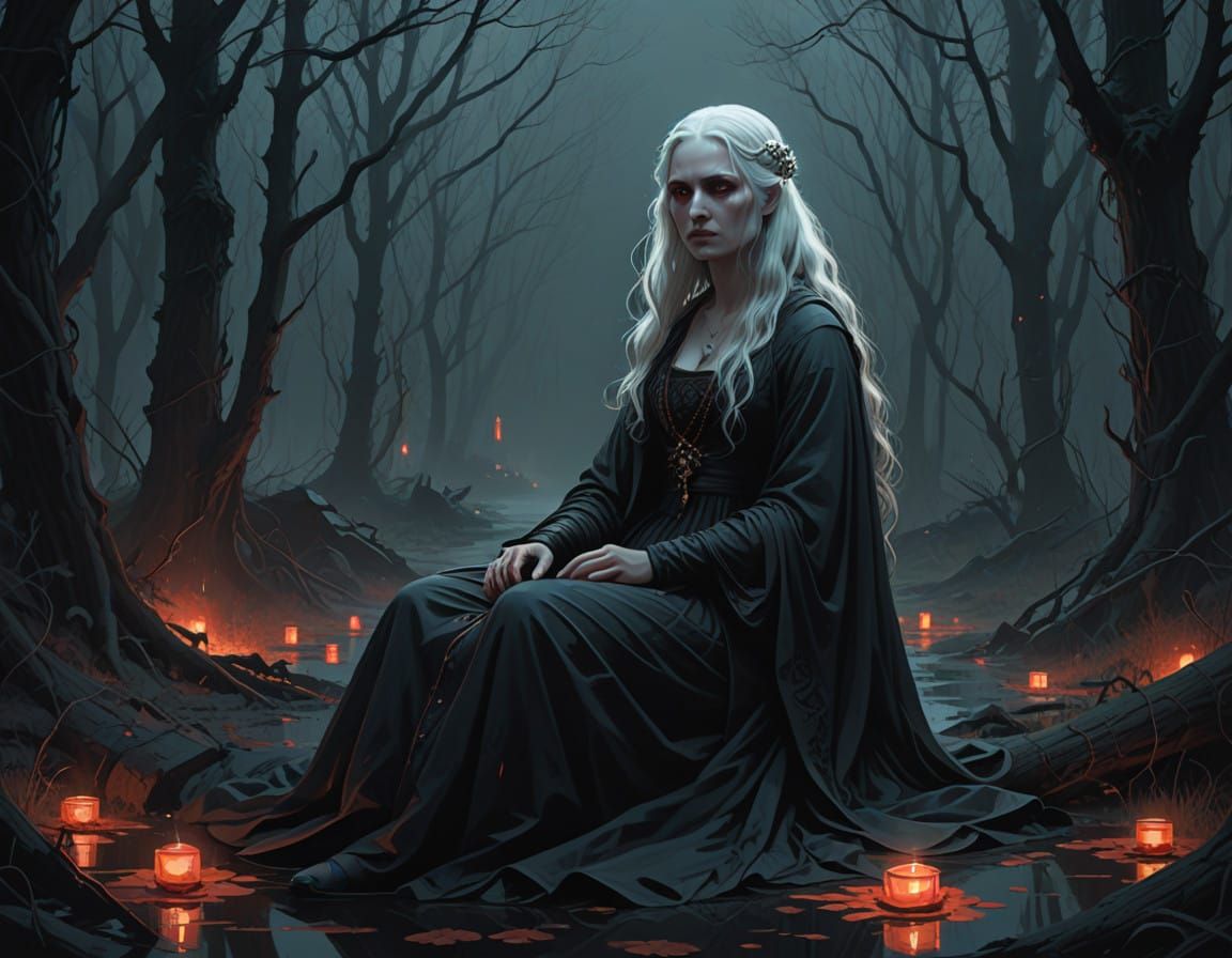 Ethereal Vampire Woman in Dark Mystical Atmosphere