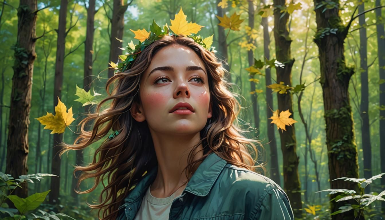 Wind-blown Woman in Forest, Hyperrealistic Splash Art