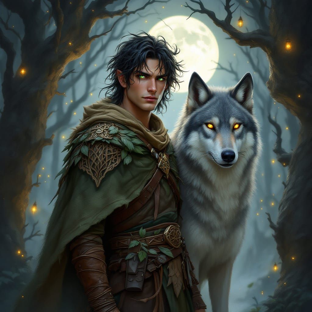 Wood Elf Ranger and Wolf Companion in Ethereal Forest