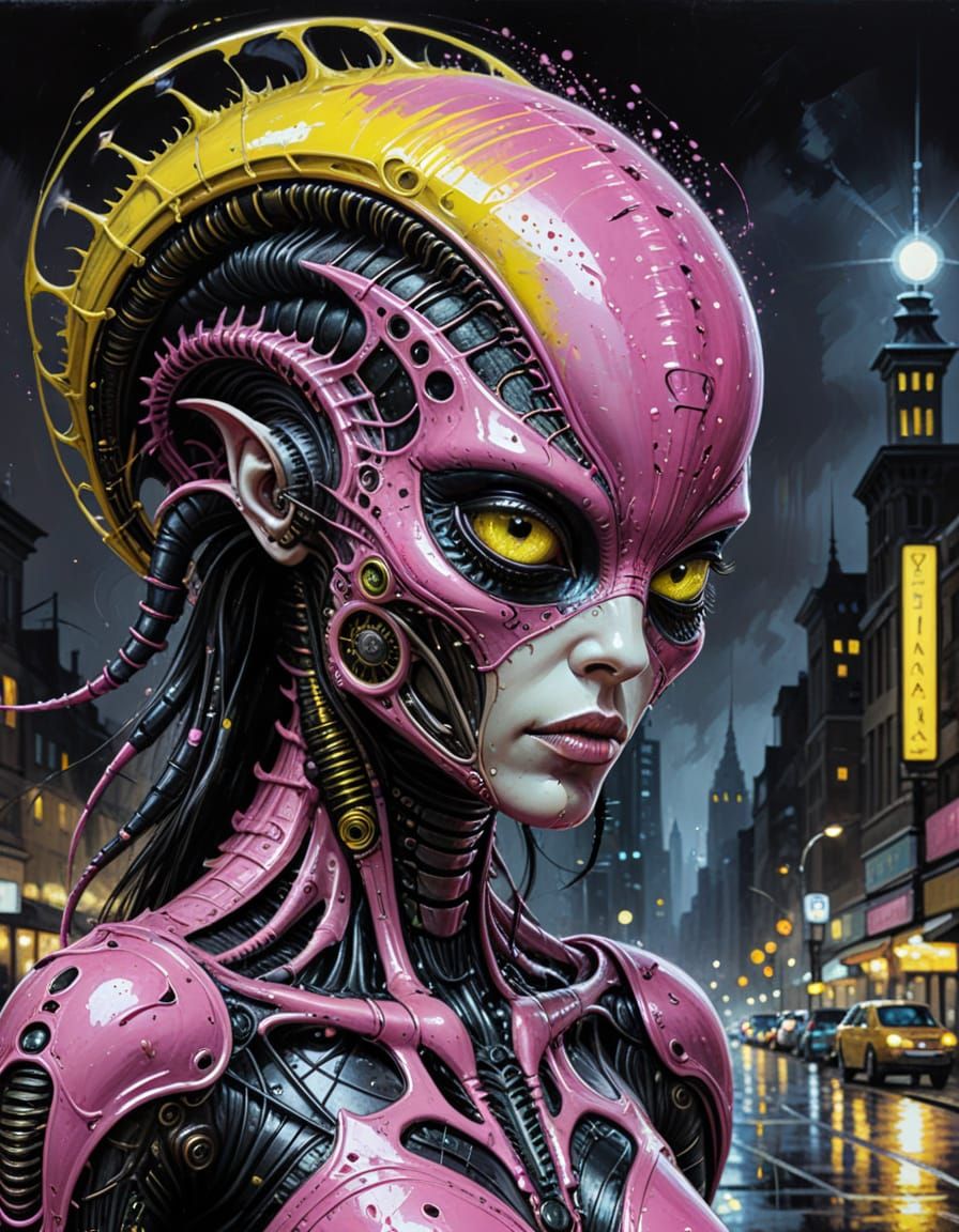 Steampunk Xenomorph in Cityscape, H.R. Giger Style