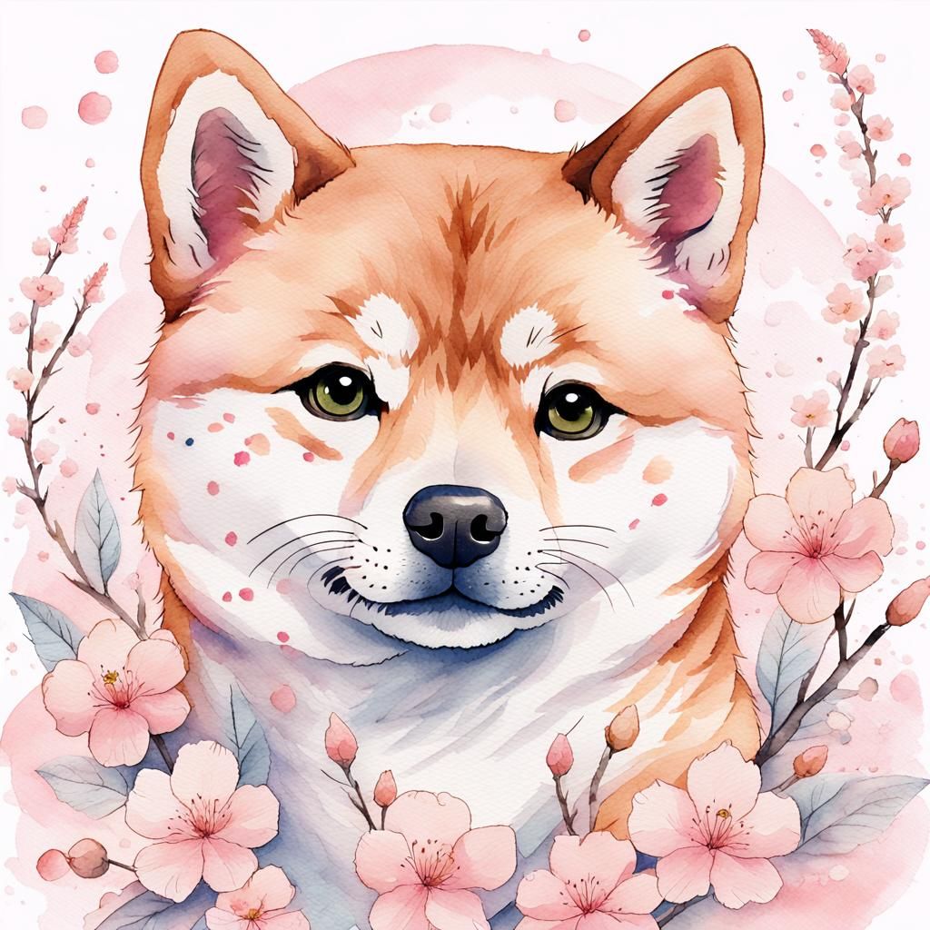 Shiba Inu with Sakura Flowers in Kawaii Style