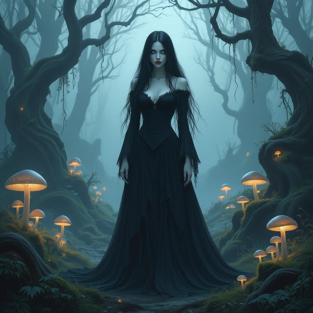 Melancholic Vampire in Bioluminescent Forest, Ethereal Art
