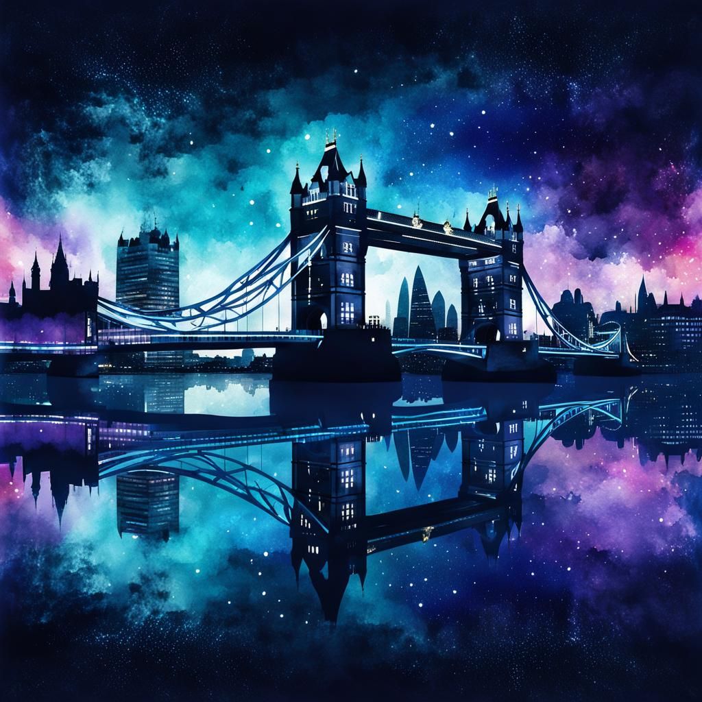 Tower Bridge Silhouette in Digital Watercolor Style