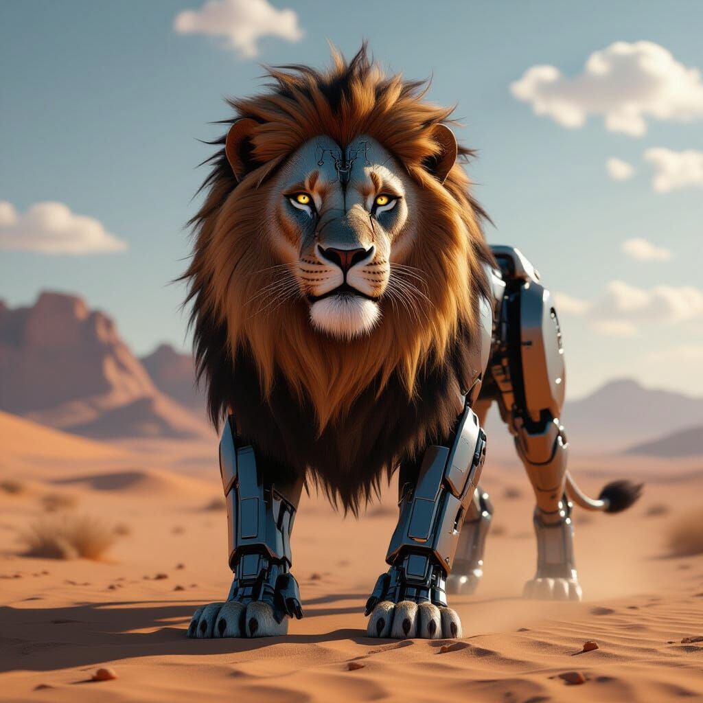 Robotic Lion in Desert Landscape - Sci-Fi Art