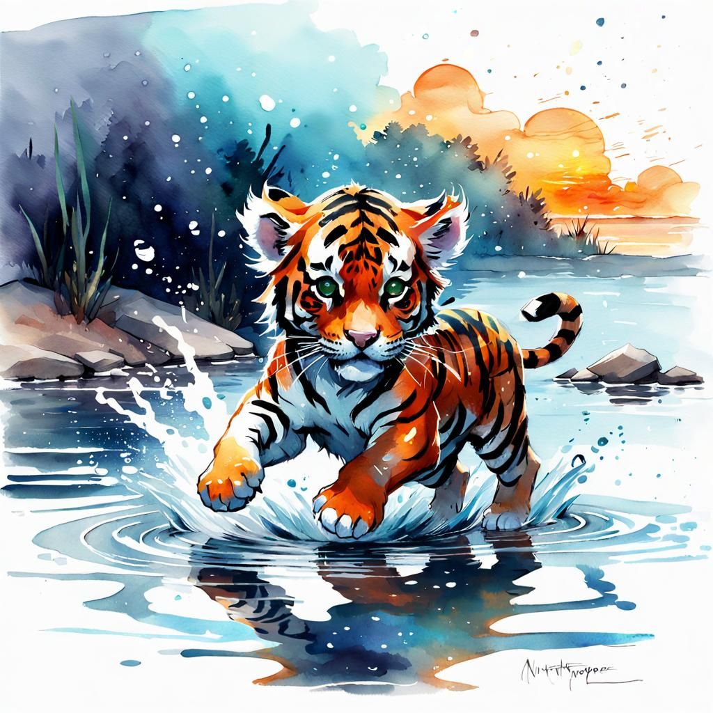 Cute Chibi Tiger Running in Sci-Fi Water