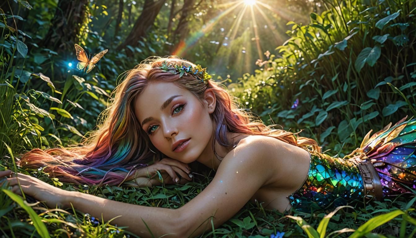 Bioluminescent Fairy Sunbath in Forest Grass