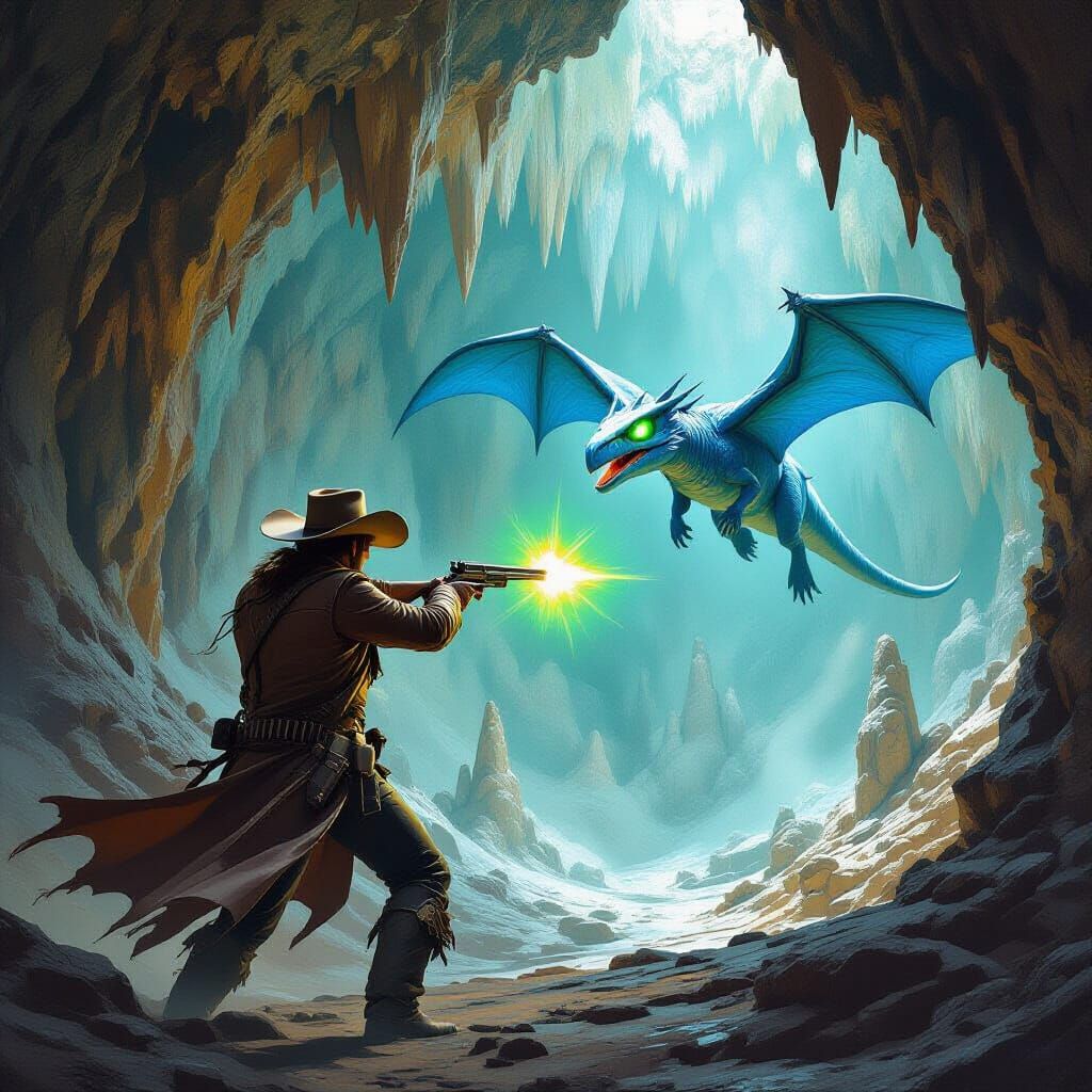 Cowboy Versus Pterodactyl in Underground Cave