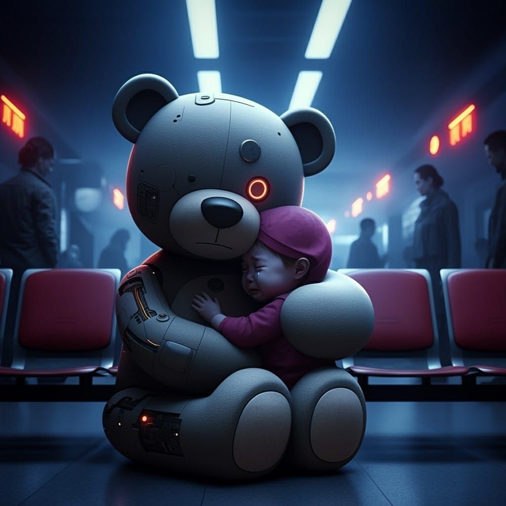 Futuristic Cyborg Teddy Bear Comforts Toddler