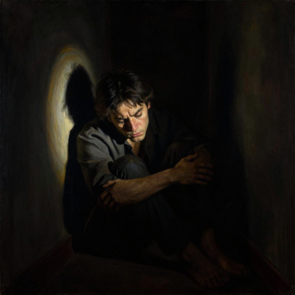 Intense Focus in Claustrophobic Room, Chiaroscuro Style