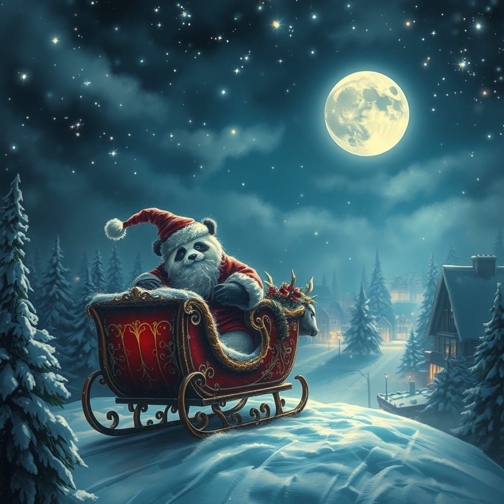 In the silver moonlight, the fat panda Santa Claus is driving a fat elk sleigh and is preparing to deliver gifts to chil...