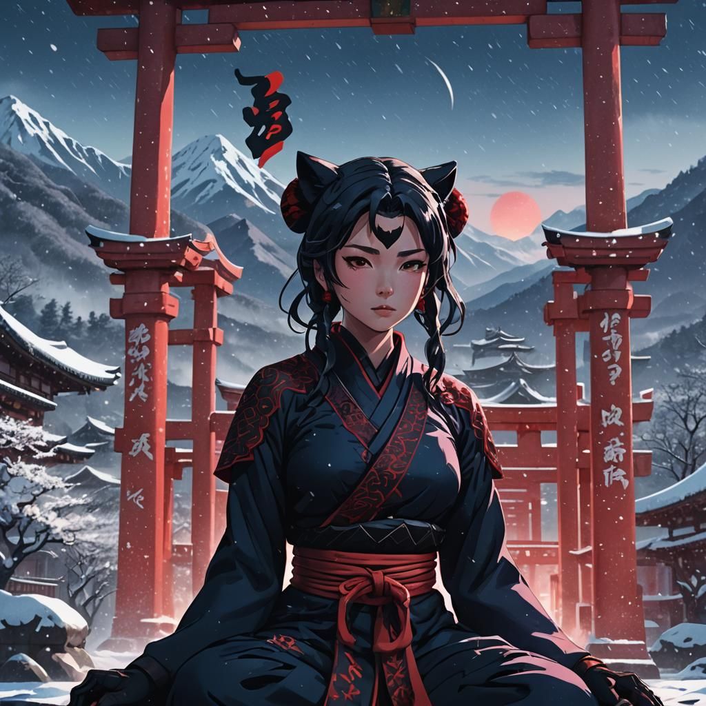 Anime Film Still: Woman Meditating in Snowy Mountains