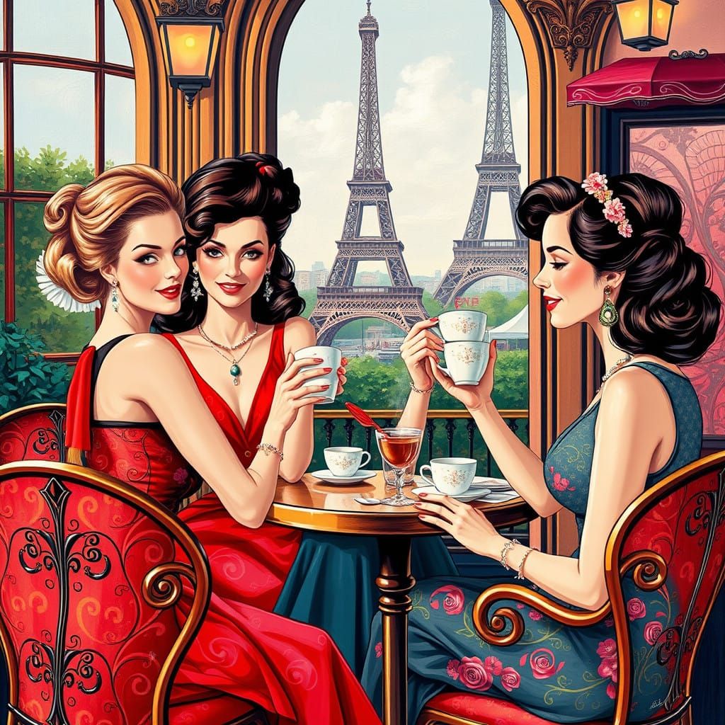 Parisian Cafe Scene with Elegant Women in Whimsical Wonderla...