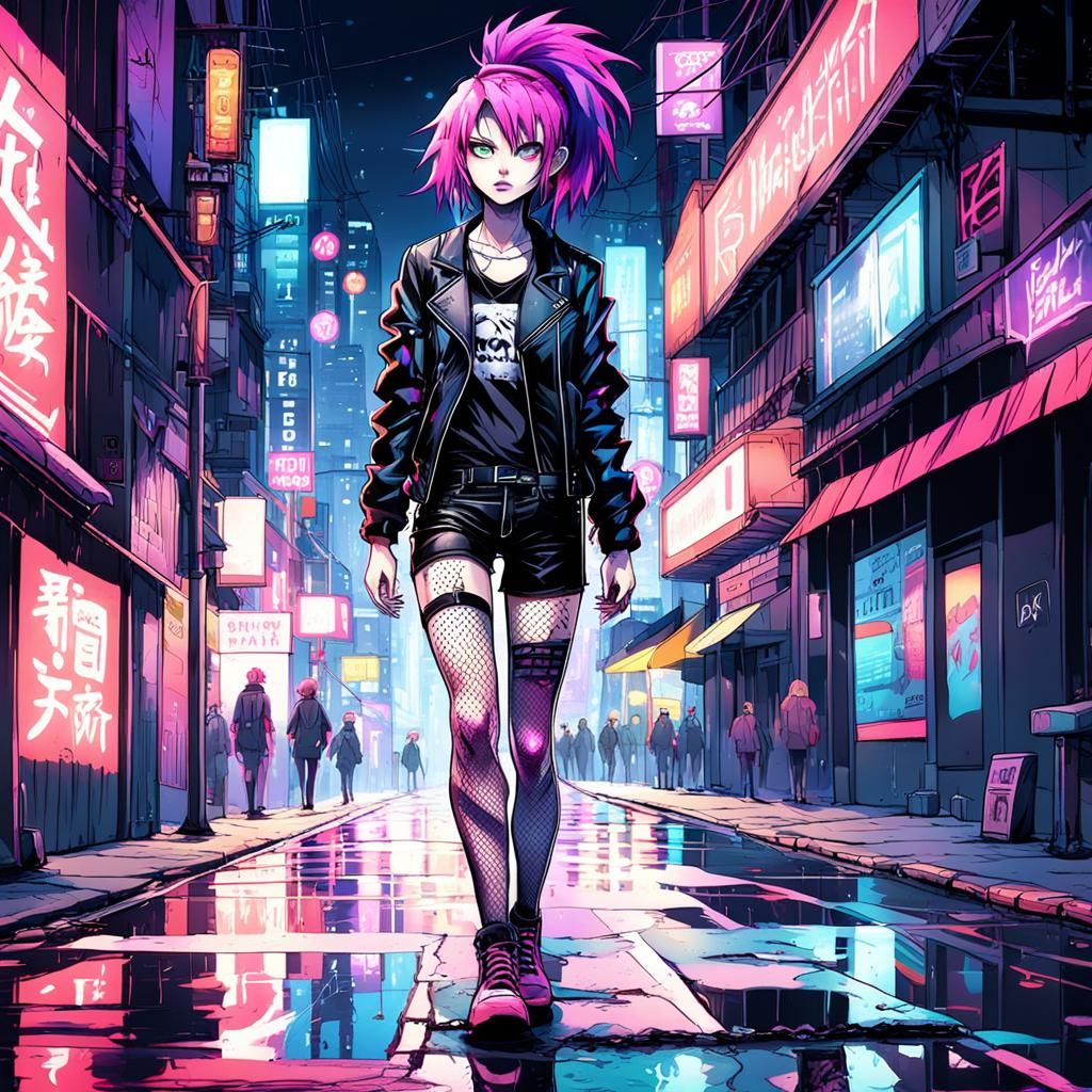 Anime-Inspired Portrait of a Punk Girl at Night