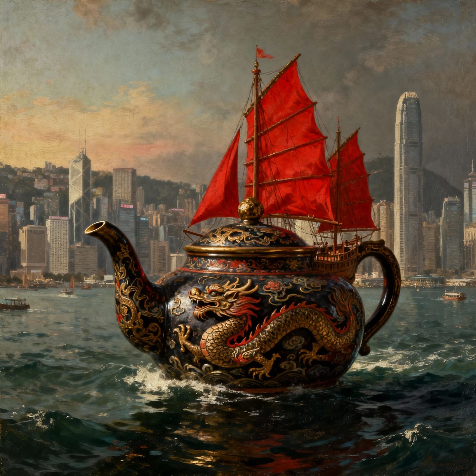 Ornate Chinese Junk Teapot Sailing Hong Kong Harbor