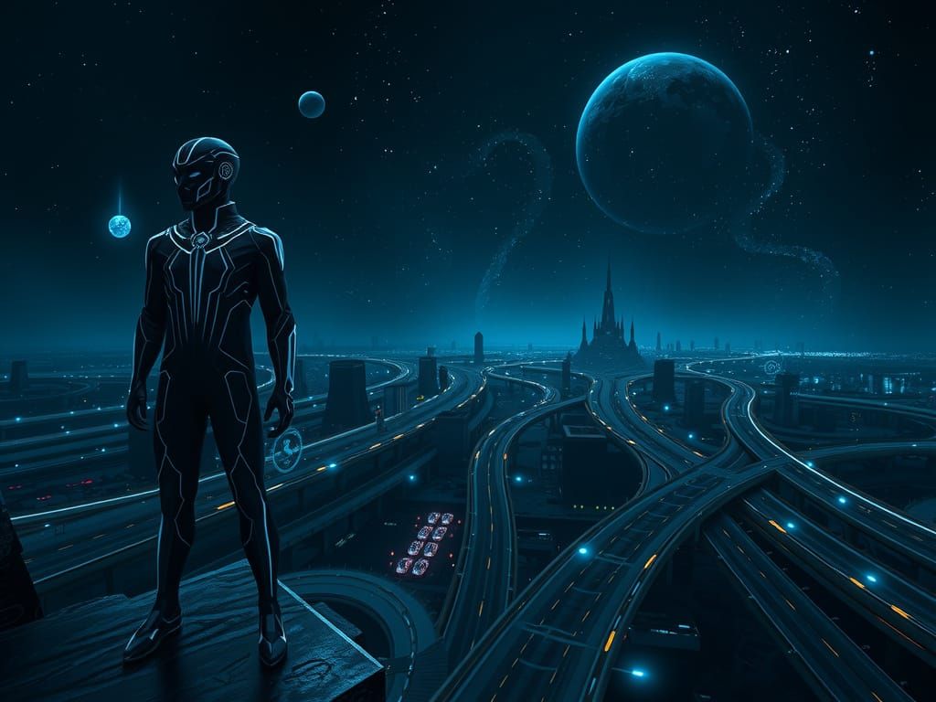 Tron Legacy Inspired Hero in Digital Landscape