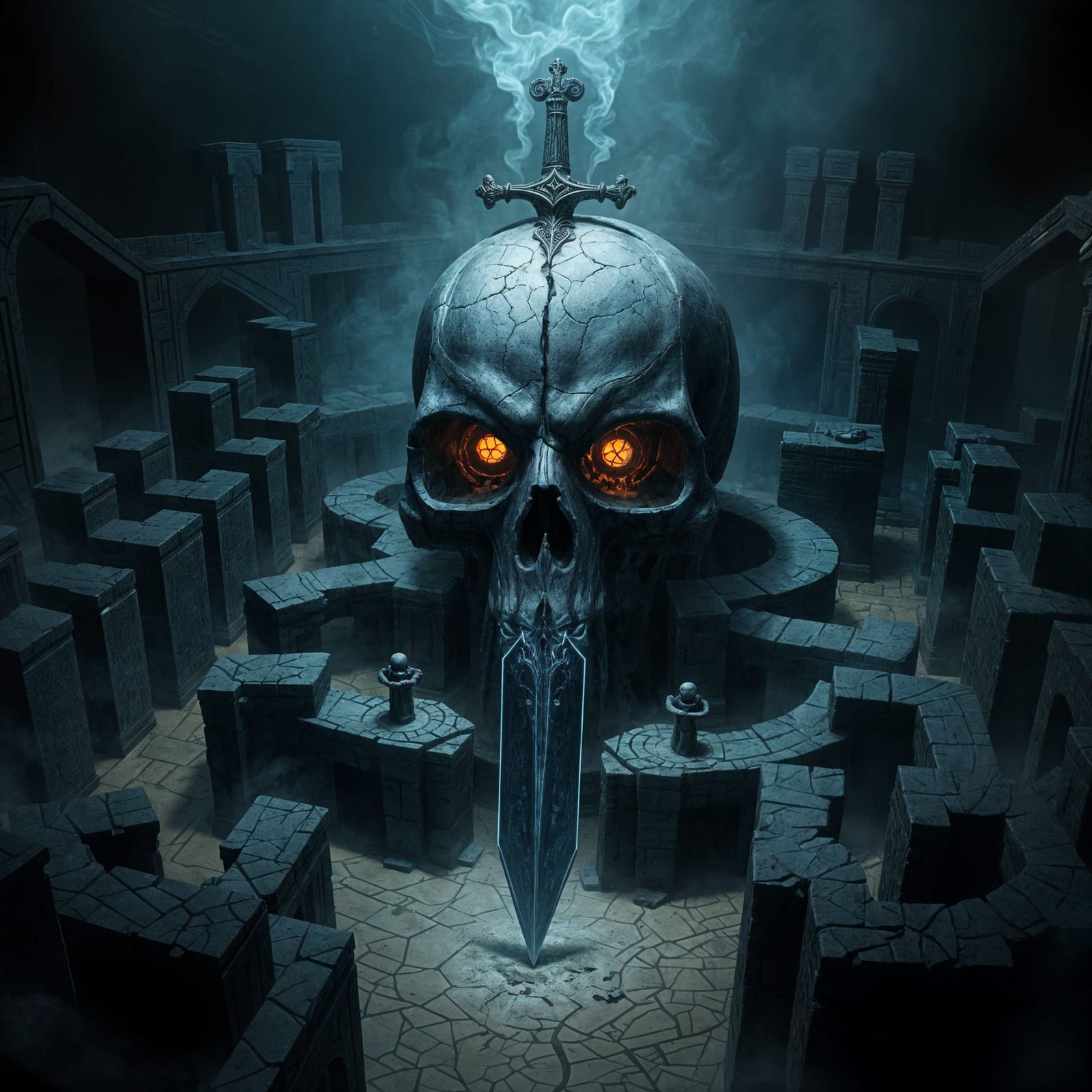Mysterious Maze Ruins with Cursed Sword and Skull