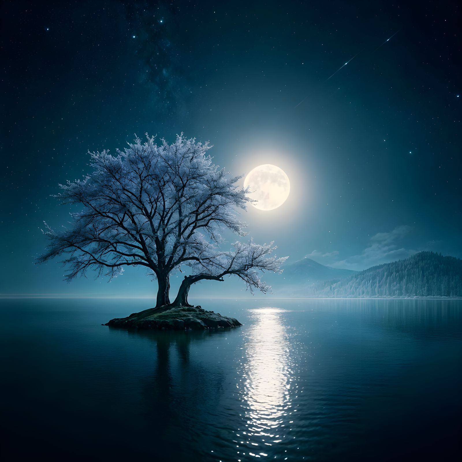 Lone Tree on Island Under Moonlight