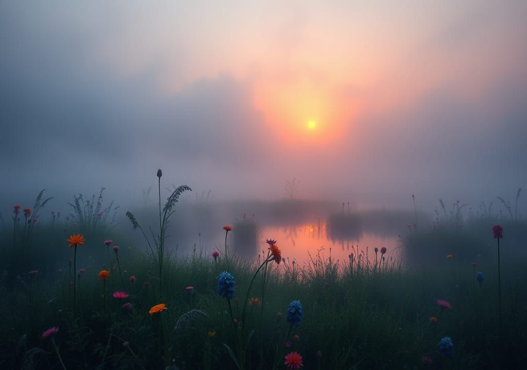 Eerie Surrealism: Misty Pond at Sunrise