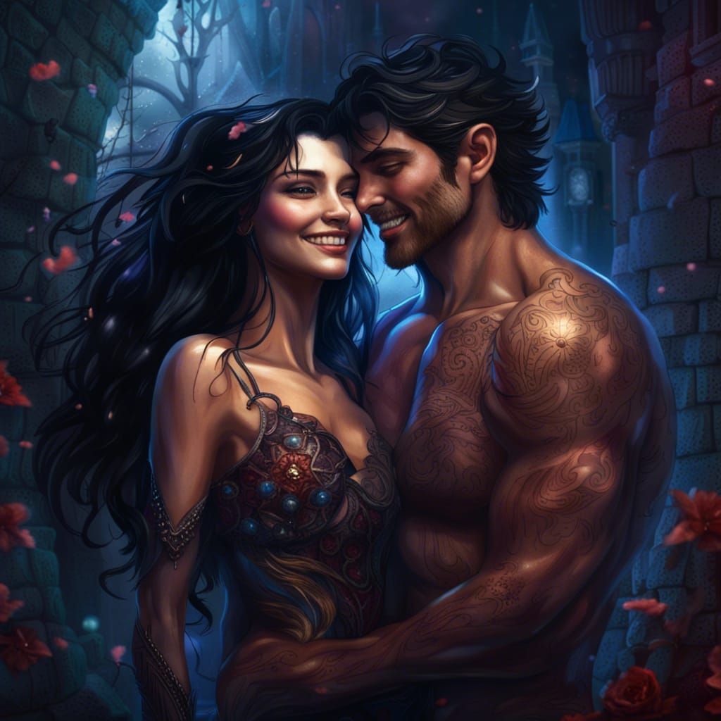 Dark-Haired Couple Smiling in Love: Fantasy Art