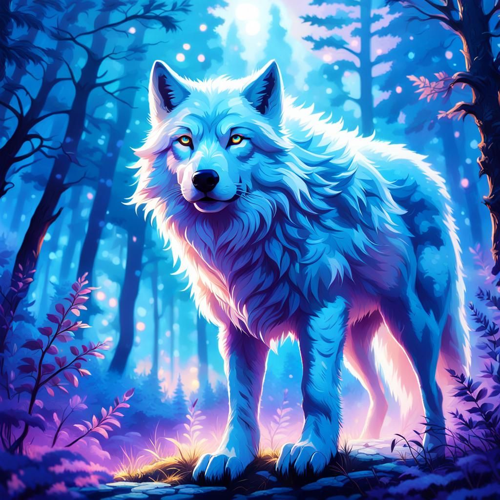 Luminous White Wolf in Mystical Forest