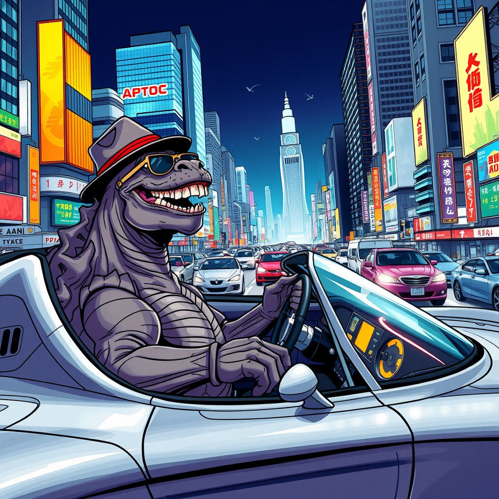 Godzilla in Tokyo Traffic: Futuristic Comic Art