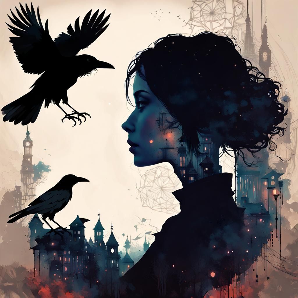 Raven Silhouette and Woman's Face in Double Exposure