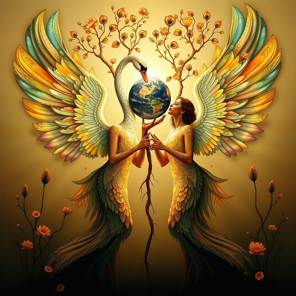 Women with Swan Wings Blossom as Tree-Like Beings, Nurturing...