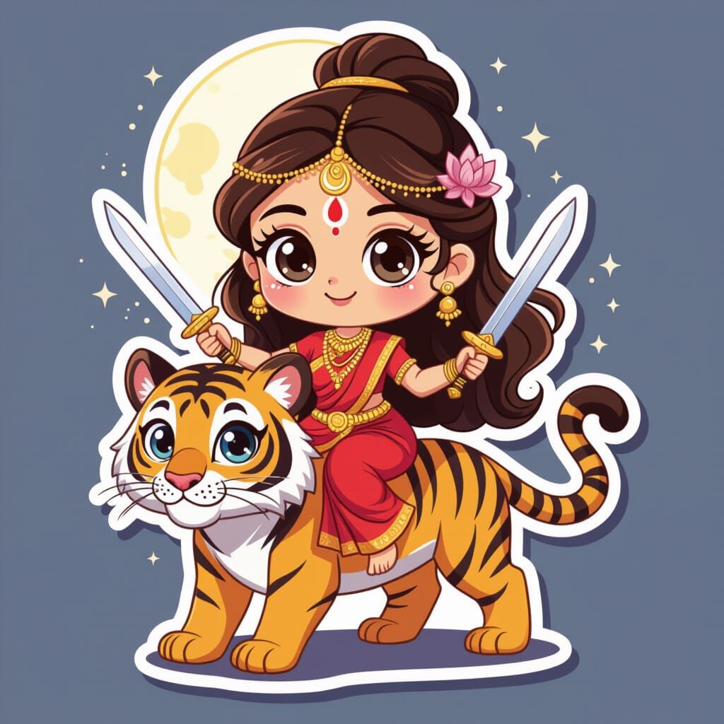Kawaii Chibi Sticker of Goddess Chandraghanta on Tiger