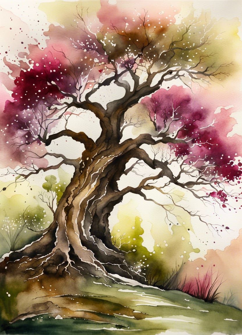 Gnarled Mother Tree in Watercolor Masterpiece